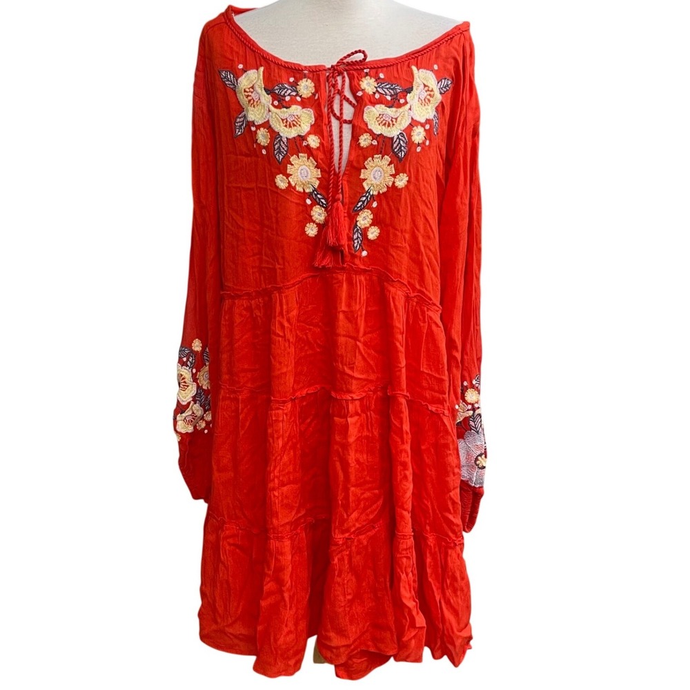 Free People Red Embroidered Boho Tiered Mini Dress Tassel Tie Large festival